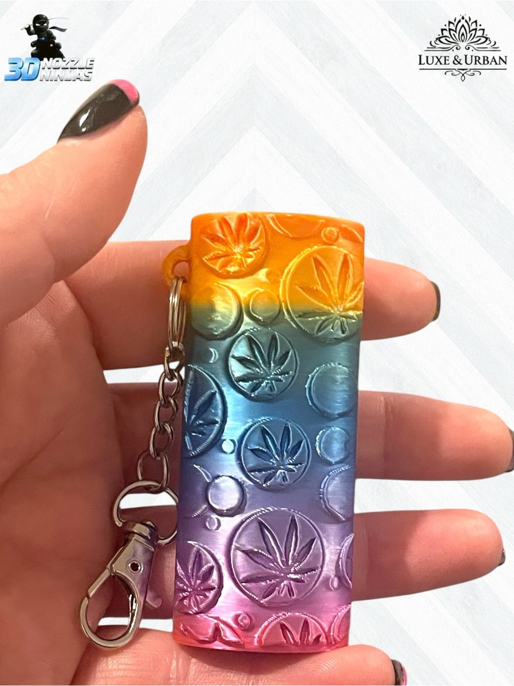 🪷 3d Handcrafted Metallic Gradient Cannabis Leaf Keychain Bic Lighter Sleeve